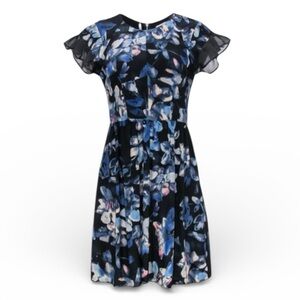 Rebecca Taylor Watercolor Floral Silk Flutter Sleeve Dress